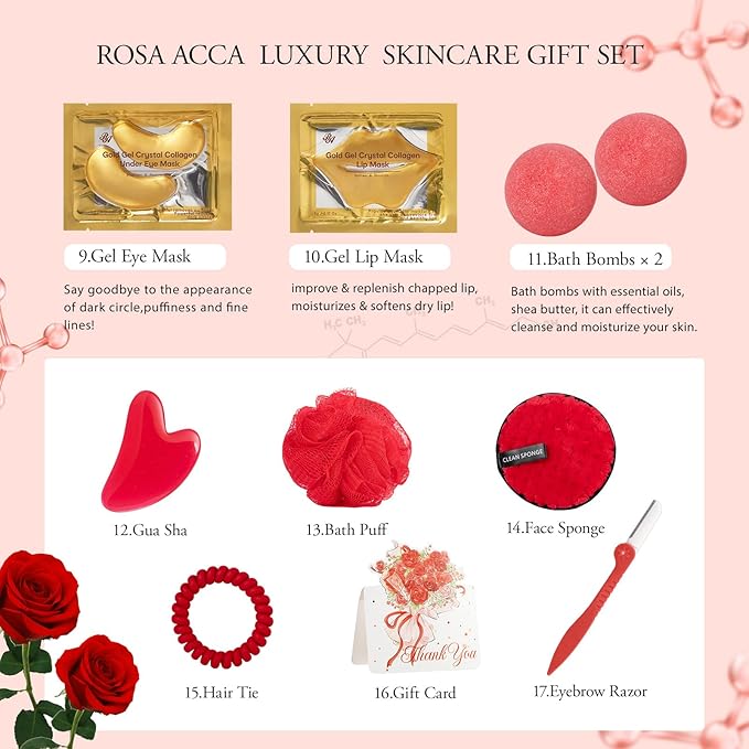 Red Rose 23 Pcs Facial Skin Care Set, Luxury Bath and Body Gifts for Women, Spa & Self-Care Gifts, Lip Gloss, Sheet Mask, Present, Bath Oil, Birthday, Christmas, Valentines, Mother Day, Bridal Shower