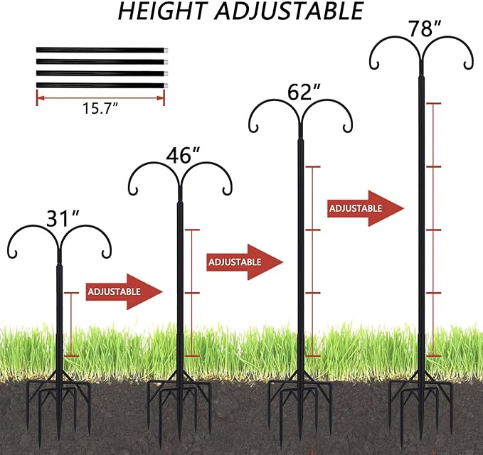 Bird Feeder Pole, Double Shepherds Hooks for Outdoor, 5 Base Prongs Adjustable Stand for Hanging Heavy Duty Feeders, Plant Baskets, Garden Plant Hanger Stands (78Inch, 2 Pack)