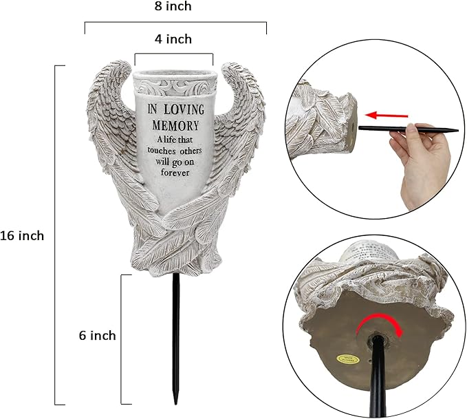 BAYN Grave Decorations for Cemetery, Angel Wings Vases with Spikes for Garden Decorations Waterproof Garden Statues Memorial Gifts for Loss of Loved One