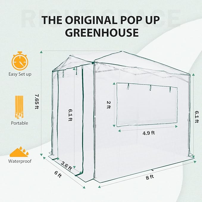 EAGLE PEAK 8x6 Portable Walk-in Greenhouse, Pop-up Indoor Outdoor Garden Green House, Zippered Doors and Windows, PE Cover, White