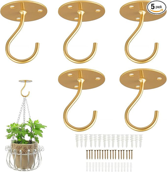 Ceiling Hooks for Hanging Plants- Metal Heavy Duty Wall Mounted Hangers for Hanging Bird Feeders, Planters, Wind Chimes, Include Professional Drywall Anchors (5 Pack) (Bright Gold)