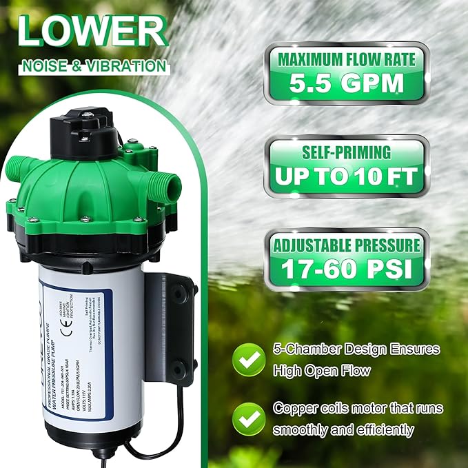 Dreyoo Water Diaphragm Pump, 115V AC, 5.5 GPM, 60 PSI Rated Pressure, 1/2" Threaded MNPT Self Priming Diaphragm Pressure Pump with Pressure Switch for Home, RV, Garden Agricultural Irrigation (Green)