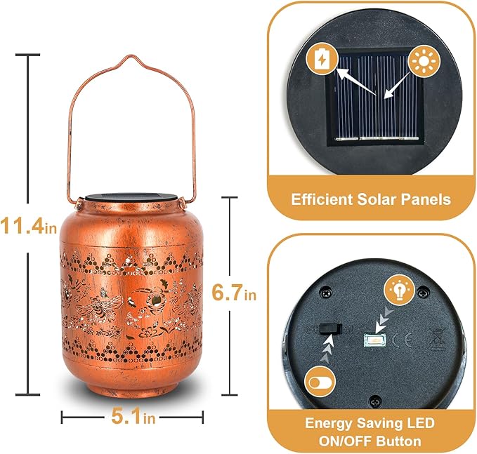 Bee Solar Lanterns Outdoor Hanging Waterproof Bee Garden Decor Christmas Gifts for Women Mom Grandma Metal Solar Lights Decoration Outside for Yard, Patio,Pathway Landscape