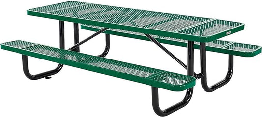 Global Industrial 8’L Rectangular Picnic Table, Expanded Metal, Green Thermoplastic Coating, Attached Benches, 1-1/2” Umbrella Pole Hole, Outdoor-Rated, 1000 lb Capacity, 96” x 30” Tabletop