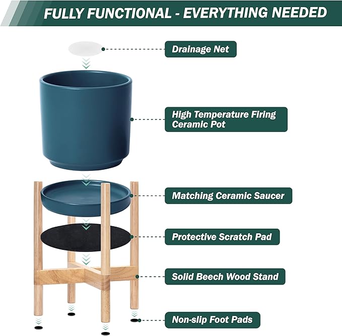 D'vine Dev Ceramic Planter with Natural Stand - 12 Inch Modern Round Flower Pot with Wood Planter Holder, Teal, 55-B-J-4