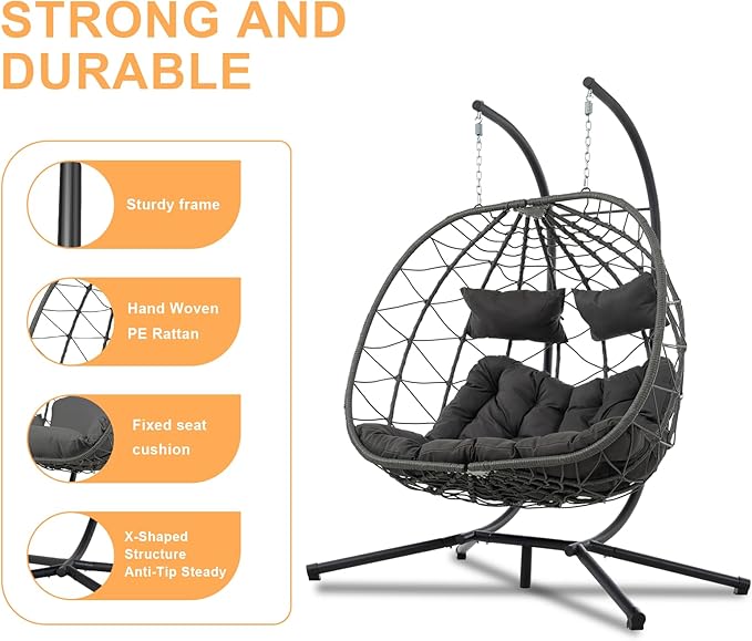 Double Egg Swing Chair with Stand, 2 Person Outdoor Indoor Hammock Hanging Chair with Cushion,Patio Wicker Hanging Egg Chair w/Cushion 700LBS Capacity for Bedroom, Balcony, Garden