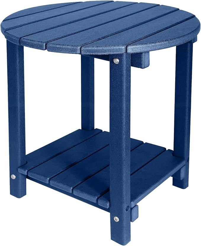 Adirondack Round Outdoor Side Table 2-Tier Storage Patio Side Table, HDPE End Tables for Backyard Pool Porch Garden Lawn (Blue)