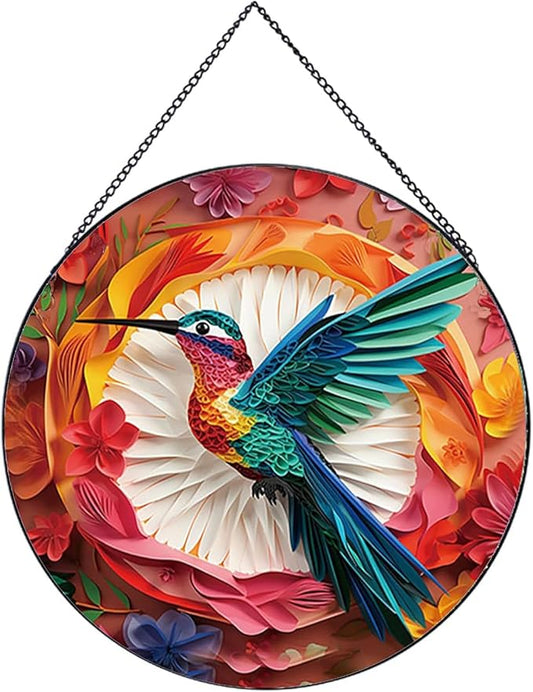 Colored Hummingbirds Pattern Suncatcher Stained Glass,Hanging Stained Glass for Windows,20cm/7.87inch Suncatcher Garden Hangings Painted Glass Panel Decor Halloween Christmas Themed Gift