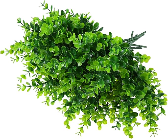 Artificial Plants Flowers Grass Shrubs 8 Pack No Fade Faux Plastic Flowers Outdoor for Farmhouse Garden Porch Patio Indoor Wedding Decoration Greenery Fake Plants uv Resistant (1#Green)