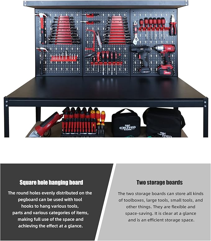 48inch Workbench with Peg Board, Multipurpose Tool Organizer and Work Bench with Double Storage Platform, Workbench in Garage Workshop (48" x 24" x 61")