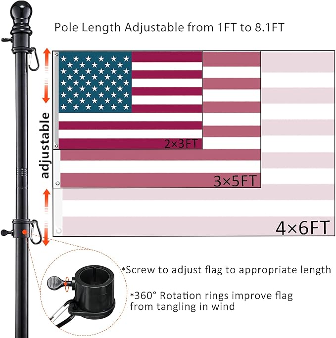Black Flag Poles for Outside House inground - 8.5FT Metal Outdoor Yard House in Ground Flag Pole Holder for Porch with 2 Pronges Base - 3x5FT American Flag with Pole for House
