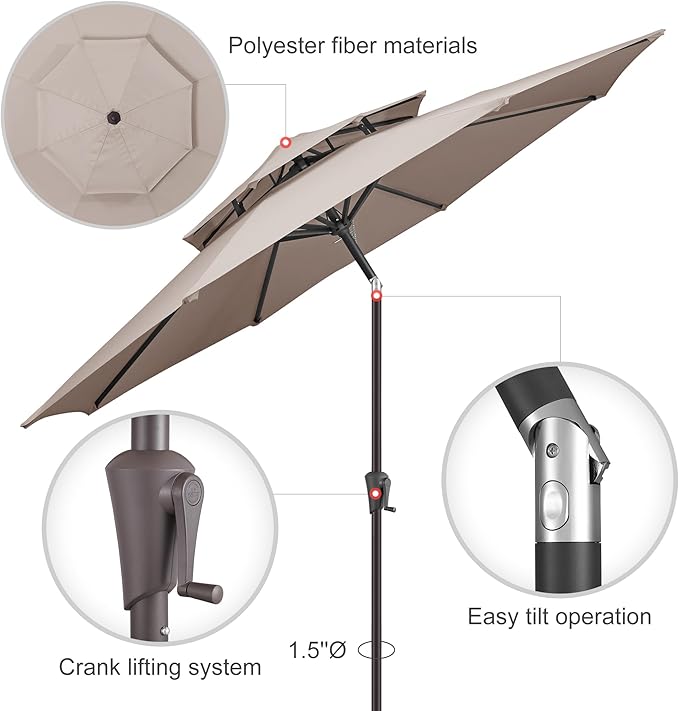 9" Outdoor Patio Umbrella - Double Top Table Umbrella Waterprool UV Protection, Sombrillas de Patio with Push Button Tilt&Crank, Sun Umbrella for Pool, Porch, Garden, Backyard(Taupe)