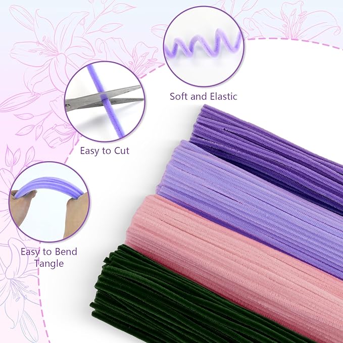400 Pcs Pipe Cleaners Craft,4 Assorted Colors Pipe Cleaners Bulk, Chenille Stems for DIY Flower Making Kit with Floral Wires, Gardening Tape,Stamen& Ribbon(Purple)