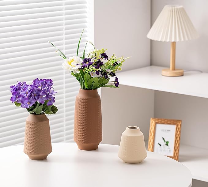 Ceramic Vase Set of 3, Modern Multicolor Pattern Flower Vases for Home Decor, Office, Centerpieces, Boho Farmhouse Style (Khaki/Brown/Beige)