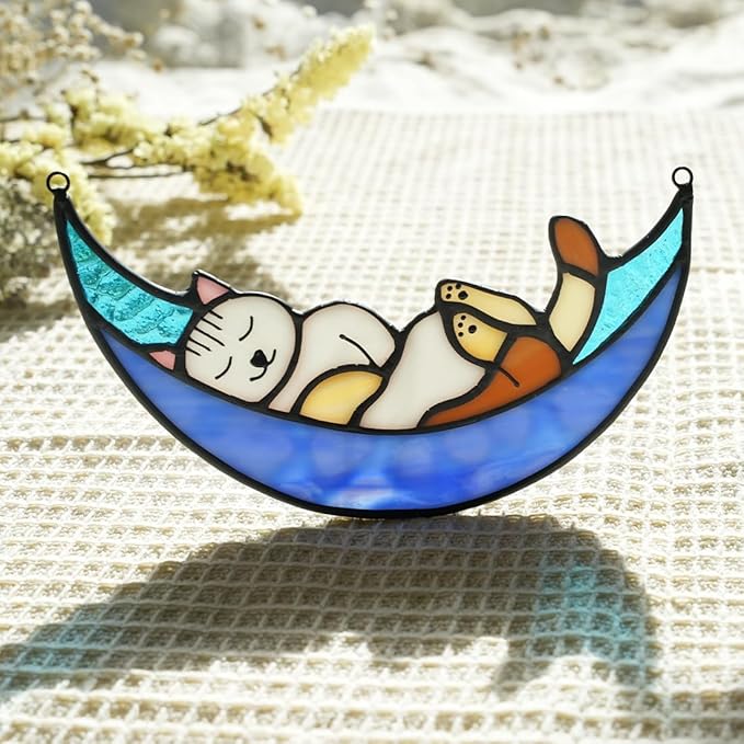 BOXCASA Sleeping Cat Stained Glass Windown Hanging,Cat on Moon Beautiful Handcrafted Sun Catcher Gifts for Daughter,Mothers Day,Christmas and Cat Lover