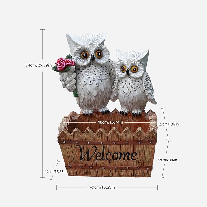 Garden Owl Statue Planter Outdoor - Large Owl Welcome Statue Tall Decor Fake Owls to Scare Birds Outdoor Sculptures for Patio Porch 25.2inch, White