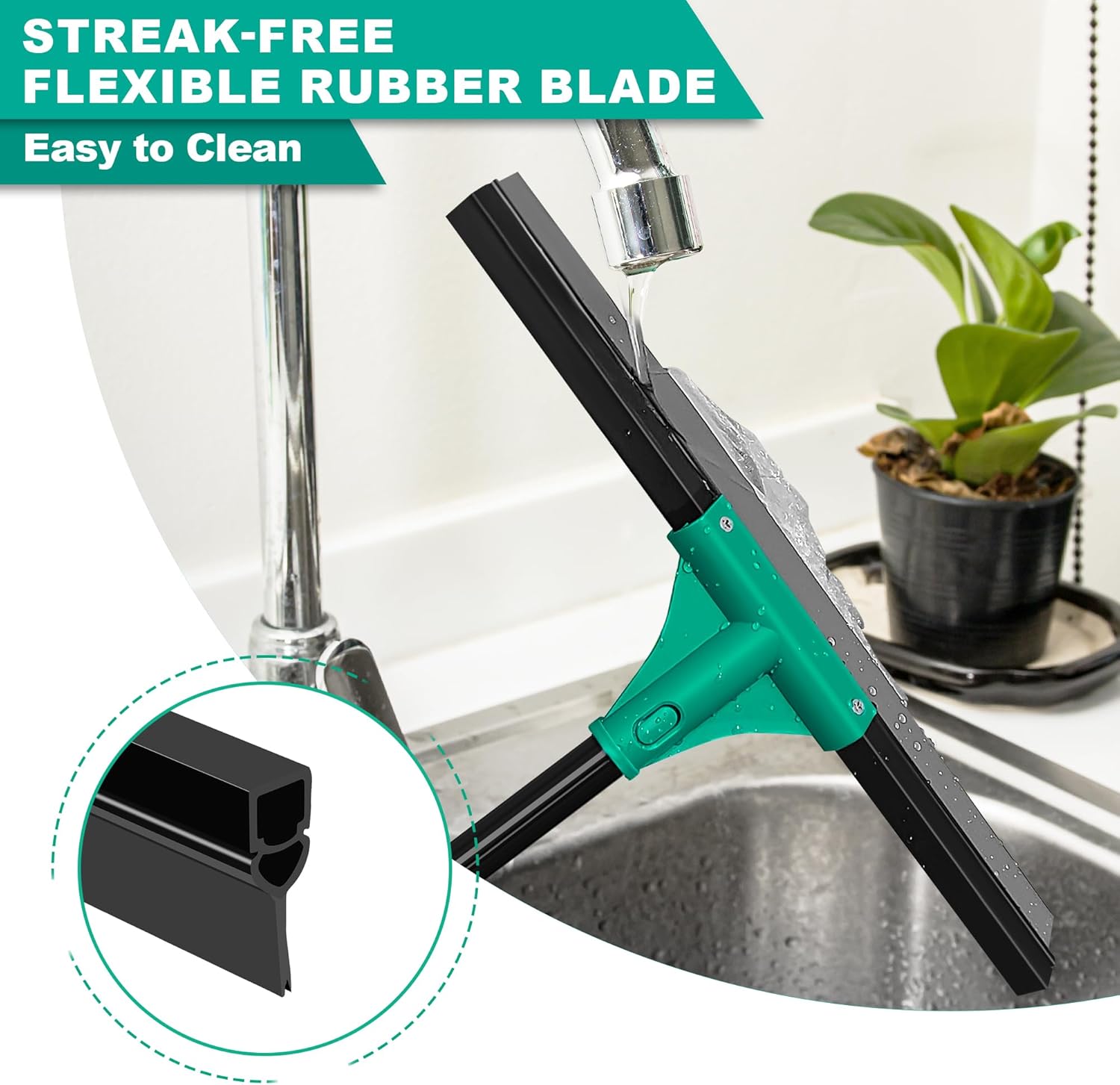 JEHONN Floor Squeegee Heavy Duty with 58.3 inches Long Handle, Rubber Scraper Broom for Cleaning Foam Water on Garage Concrete Bathroom Tile Marble Shower Glass Shop Deck Window Indoor Outdoor Green