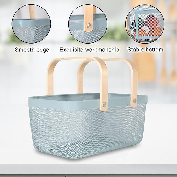 Garden Harvest Basket,Delicate Harvest Basket for Garden Vegetables,Practical Metal Mesh Wire Basket with Handle Suitable for Bathroom,Cabinet,Kitchen(Blue)