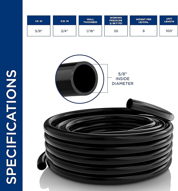 Alpine Corporation 100' PVC Tubing with 5/8" Inside Diameter for Ponds and Fountains, Black