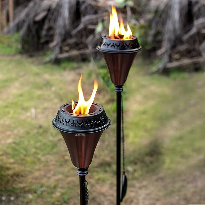 Garden Torch Large Flame - Deco Home Garden Torch Set of 2 | Citronella Garden Outdoor/Patio Outdoor Lighting Torch for Party Patio Pathway with Spikes and Deck Clamp | Caramel Black