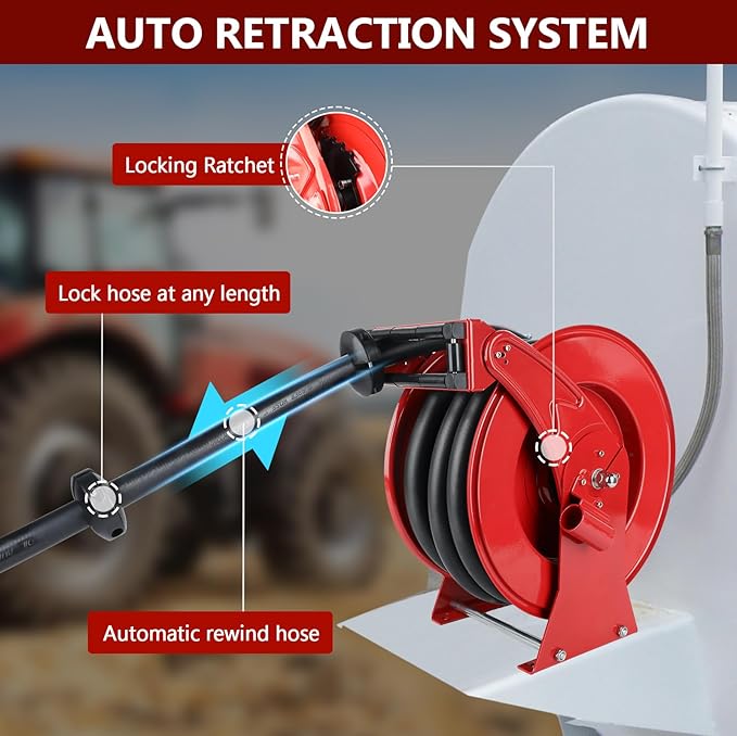 Fuel Hose Reel with Fueling Nozzle, 1" x 33FT Retractable Diesel Hose Reel, 300 PSI Industrial Heavy Duty Auto Swivel Rewind Hose Holder Reels, for Vehicle Tank Truck Trailer Ship