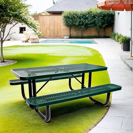 6 ft. Rectangular Outdoor Steel Picnic Table with Umbrella Pole, Heavy-Duty Weather-Resistant Dining Table for Patio, Backyard, and Garden, Rust-Resistant Finish, Green