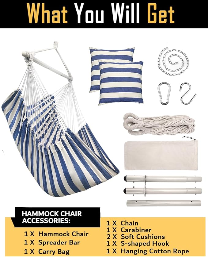 ADVOKAIR Hammock Chair Hanging Chair Rope Swing XXL - Max 500lbs, 70in Large Hammock Swing Chair -Portable Steel Spreader Bar with Anti-Slip Rings-Roomy & Strong