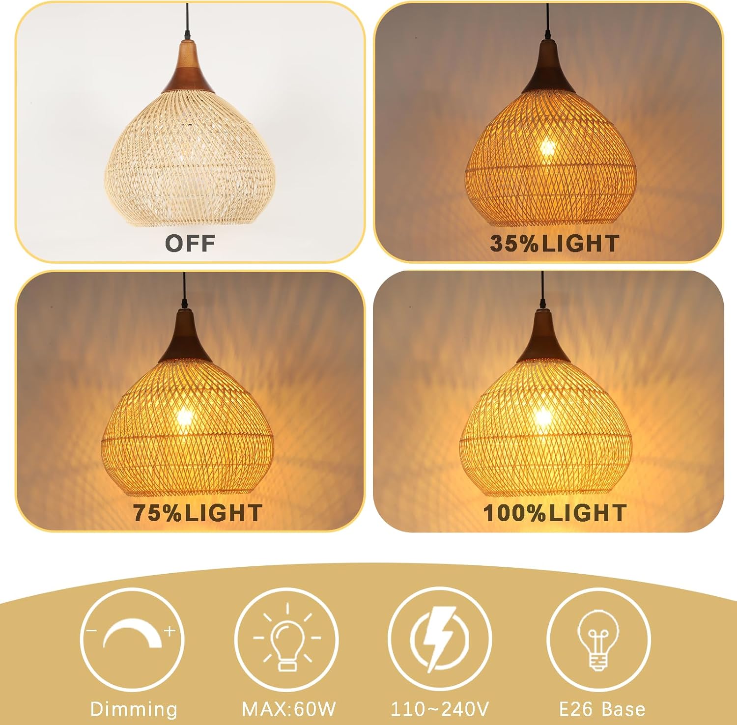 Rattan Pendant Light, 15.7" Rattan Chandelier Hand-Woven Boho Pendant Light Fixtures with Solid Wood, Basket Wicker Chandelier for Dining Room Kitchen Island Living Room