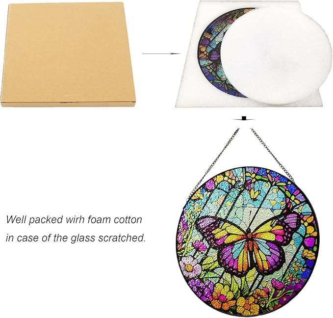 Butterfly Stained Glass Suncatcher Artistic Window Hanging,7.8” Hand-Painted Glass Panel Wall Home Decor,Gift for Women Garden Decor Suncatcher, BL009