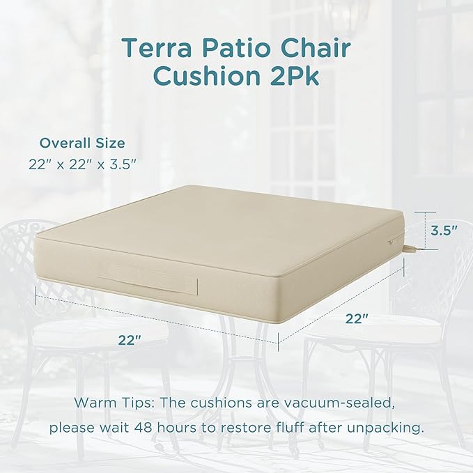 Codi Outdoor Seat Cushions for Patio Furniture 22x22 Inch, Waterproof Chair Cushion with Handles & Adjustable Straps, Fade Resistant - Set of 2, Beige