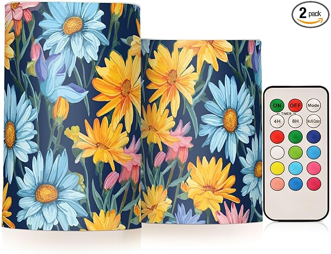 Flickering Flameless Candles, Daisy Flowers Botanical LED Candles with Remote Timer, Set of 2 Battery Operated Candle for Valentine Wedding Birthday