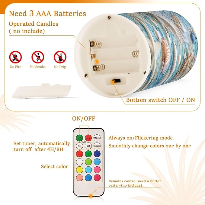 Flickering Flameless Candles, Starfish Seashell LED Candles with Remote Timer, Set of 2 Battery Operated Candle for Valentine Wedding Birthday