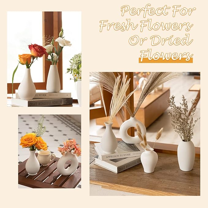 Ceramic Bud Vase Set of 8, Small Vase for Flowers, White Mini Bud Vase in Bulk for Centerpieces, Rustic White Ceramic Vase Set for Flowers, Room Décor, Wedding Party