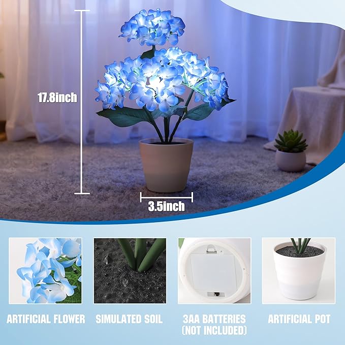 Blue Artificial Hydrangea LED Flower Pot - Lighted Floral Decor for Wedding, Christmas, Home Decor, Battery-Operated Night Light, Gift for Women