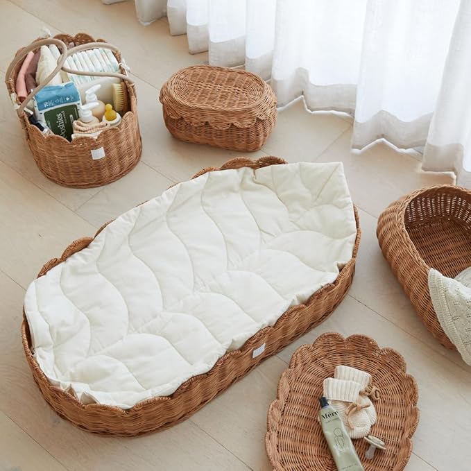 BEBE BASK The Original Scalloped Basket Set Of 2 - Small Scallop Basket - 15 x 10 x 6 In - Hand-Woven & Award-Winning - Elegant Wicker With Scalloped Edge Lid - Nursery Storage - (Mocca)