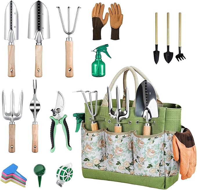 Garden Tool Set 12 Pieces Gardening Tools Stainless Steel Heavy Duty, Outdoor Hand Tools with Floral Organizer Handbag, Succulent Tools,Gardening Gifts for Women Men Beginners