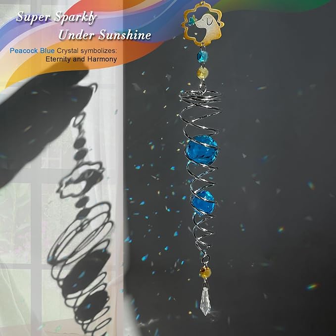 FONMY Dog Gazing Ball Spiral Tail Wind Spinner Sun Catcher Rainbow Maker Silver Double-Spiral W/Blue K9 Crystal Ball Tree Hanging Ornament Indoor Outdoor Garden Decor. -19.5inch H