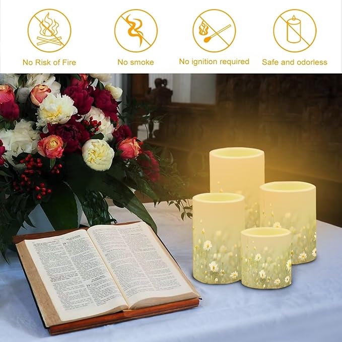 Flameless Candles Battery Powered LED Pillar Candles Tealights with Remote Timer Color Changing Control for Indoor Outdoor Home Tabletop Decoration Set of 4, Daisy Floral Green