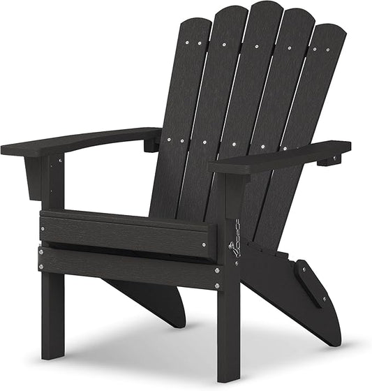Folding HDPE Adirondack Chair, Weather-Resistant Patio Chair with Wide Armrests & High Backrest, Fire Pit Chair for Garden, Backyard, Porch - Black
