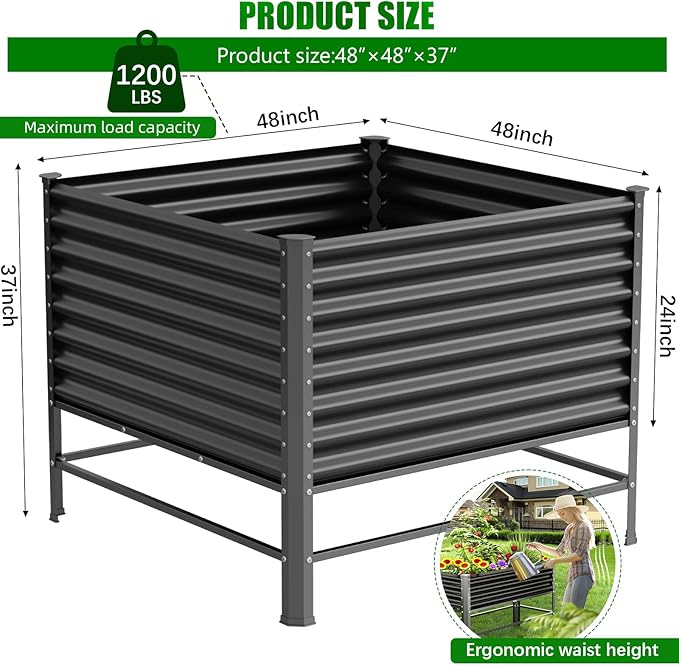 Doniks Raised Garden Bed with Legs, 48×48×37in Large Outdoor Metal Galvanized Garden Planting Box,1200lb Capacity for Vegetables Lawn Green Flowers, Fruits, Terrace