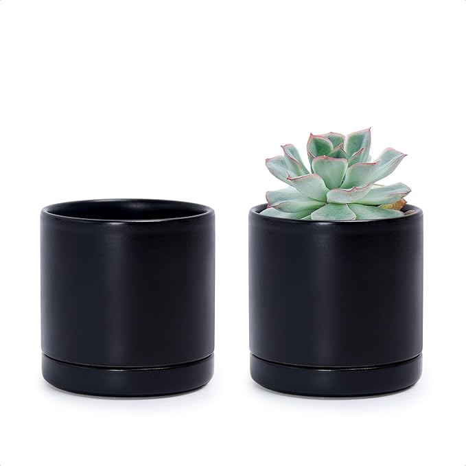 D'vine Dev Set of 2 Plants Pots, 3.5 Inch Ceramic Planter Pot for Plants with Drainage Hole and Saucer, Black, 94-V-A-2