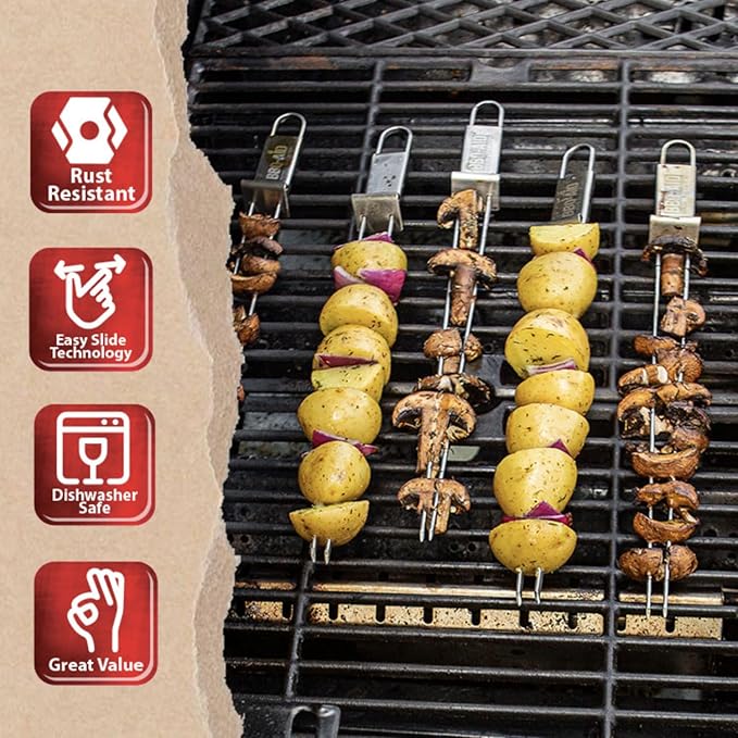 BBQ-AID Premium Barbecue Double Pronged Stainless Steel Skewers for Grilling - Quick Release Kebab Sticks for Veggies & More