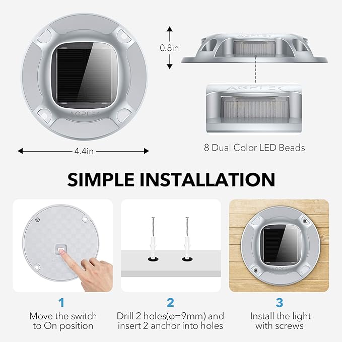 AGPTEK Solar Driveway Lights Outdoor 4 Pack, 2 Color Modes LED Deck Dock Marine Waterproof Driveway Marker Lights for Step Sidewalk Stair Garden Pathway Walkway Yard (Warm White/Cool White)