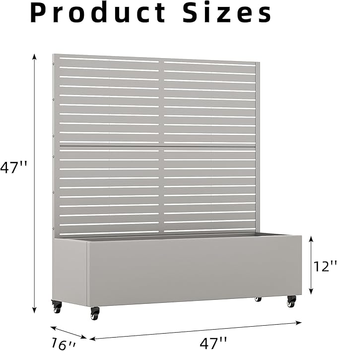 Casaphoria Metal Raised Garden Bed with Trellis and Wheels, 47"x47"x16" Planter Box for Climbing Plants, Vegetables & Vines, Features Drainage Holes and Privacy Screen (Grey-Louvered)
