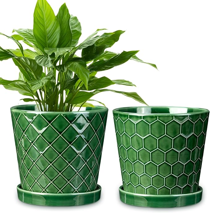 EFISPSS 6 Inch Plant Pot,Ceramic Pots for Plants with Drainage,Flower Pots Indoor Pots for Plants, Modern Flower Pots for Home and Office,Set of 2 - Patina