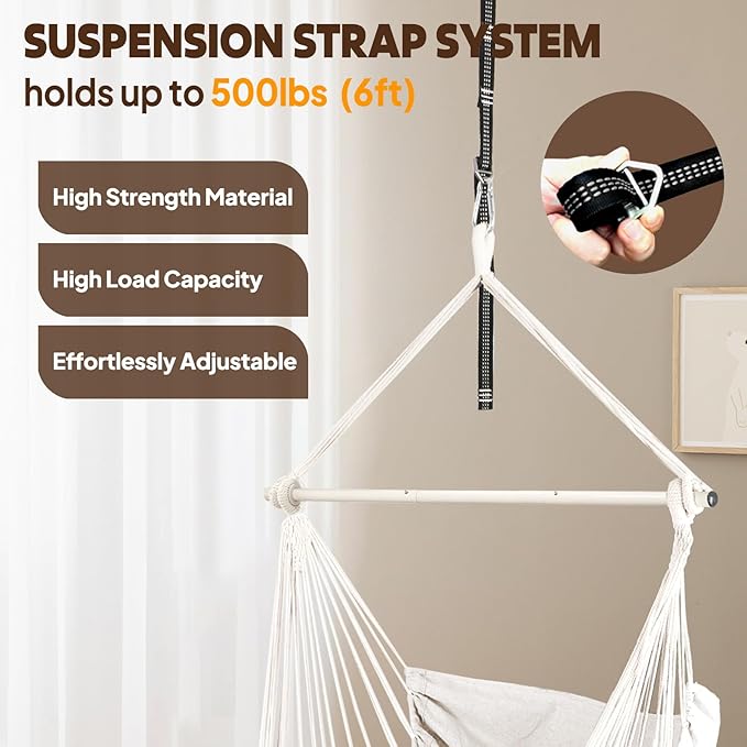 Chihee Hammock Chair Hanging Chair with Foot Rest 2 Cushions Max 500lbs Robust Metal Spreader Bar Collapsible Easy Storage Soft Cotton Swing Chair Strong Strap Iron Carabiner Side Pocket Included