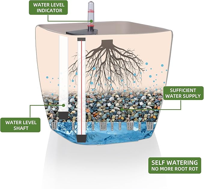 Dexceder 11x10 Self Watering Planter Indoor Outdoor, Inner Mat Design, Thickened Table Flower Plant Pot with Water Level Indicator (Taupe Matte)