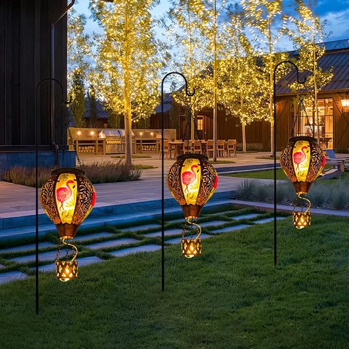 Flamingo Hot Air Balloon Solar Lanterns Outdoor Waterproof,Metal Garden Decor Solar Hot Air Balloon Lantern with Flame Flickering Lights for Patio,Porch,Yard Decor Mother Day Gifts for Women