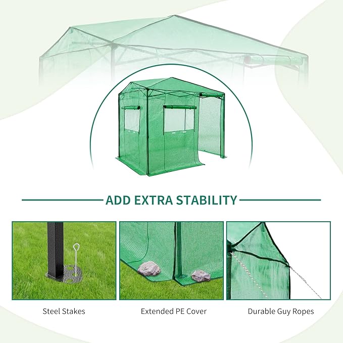 EAGLE PEAK 8x6 Portable Walk-in Greenhouse, Pop-up Indoor Outdoor Garden Green House, Zippered Door and Window, PE Cover, Green