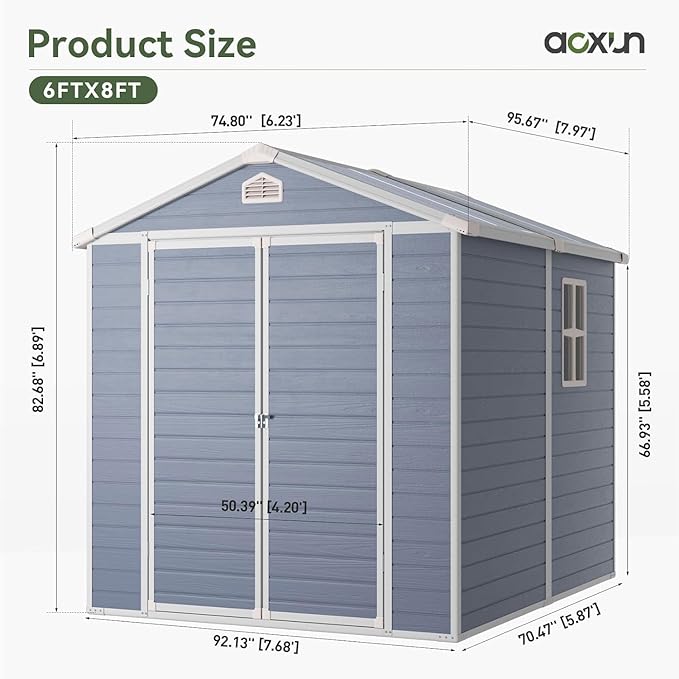 Aoxun 6X8 FT Resin Outdoor Storage Shed with Floor, Plastic Garden Shed with Lockable Door and Window, Tools House to Store Patio Furniture, Bike Accessories, Garbage Can and Lawn Mower - Grey
